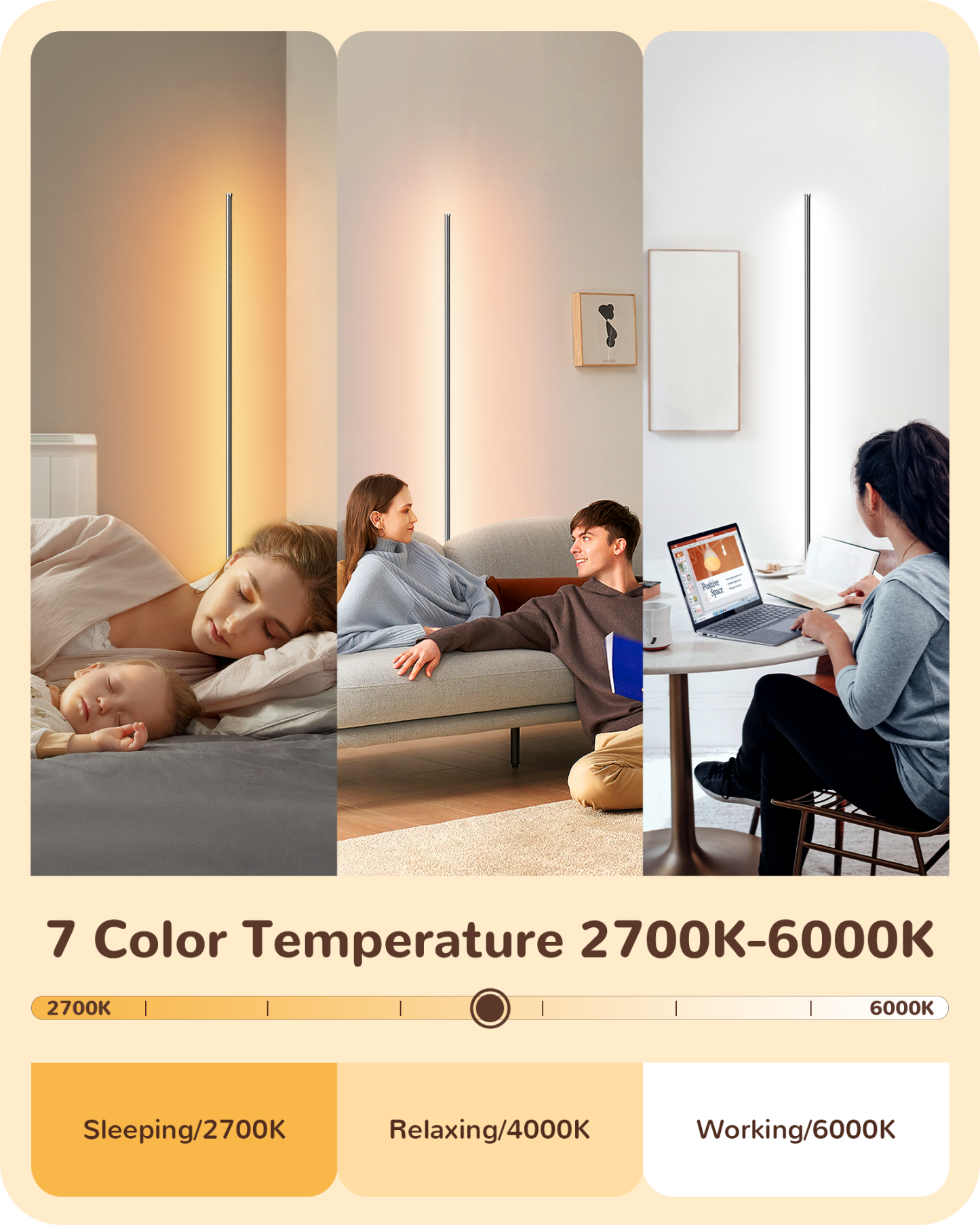 EDISHINE 57.5" Dimmable Silver LED Corner Floor Lamp, 7 Color Temperature-HLFL02S