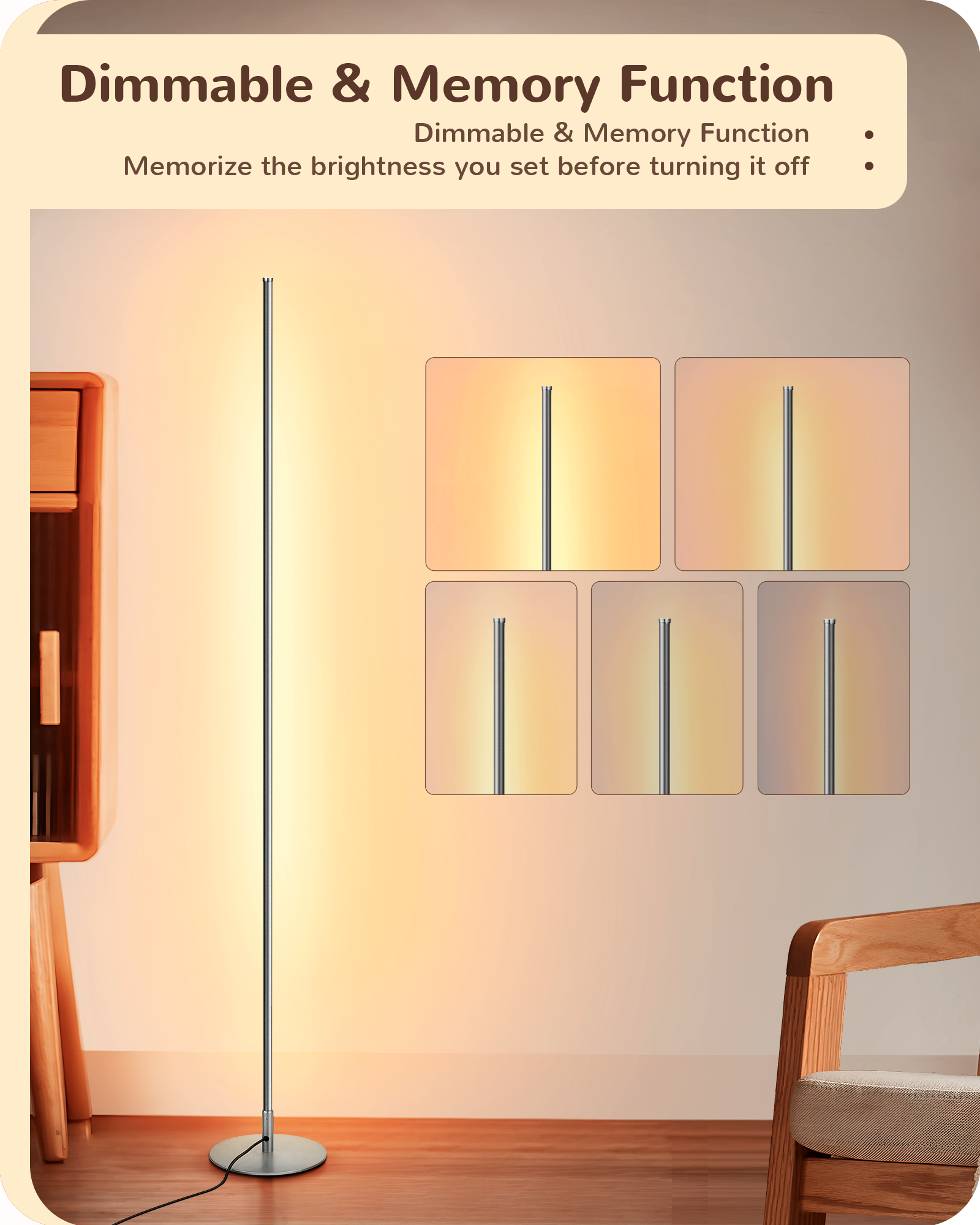 EDISHINE 57.5" Dimmable Silver LED Corner Floor Lamp, 7 Color Temperature-HLFL02S