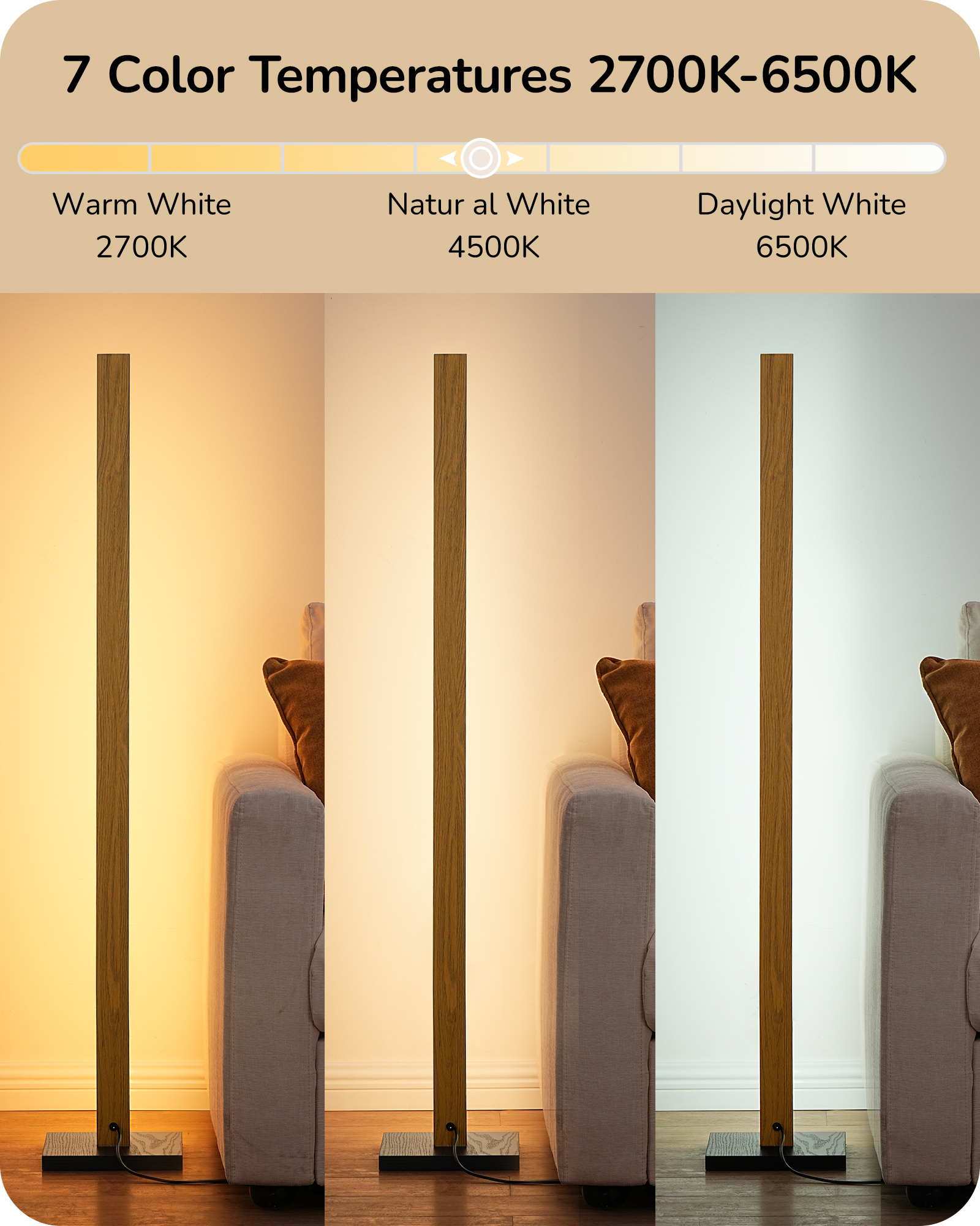 EDISHINE 46" Dimmable Wood Corner Floor Lamp with Remote, 7 Color Temperature, Natural Color-HLFL02V