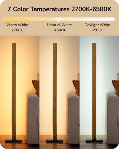 EDISHINE 46" Dimmable Wood Corner Floor Lamp with Remote, 7 Color Temperature, Natural Color-HLFL02V