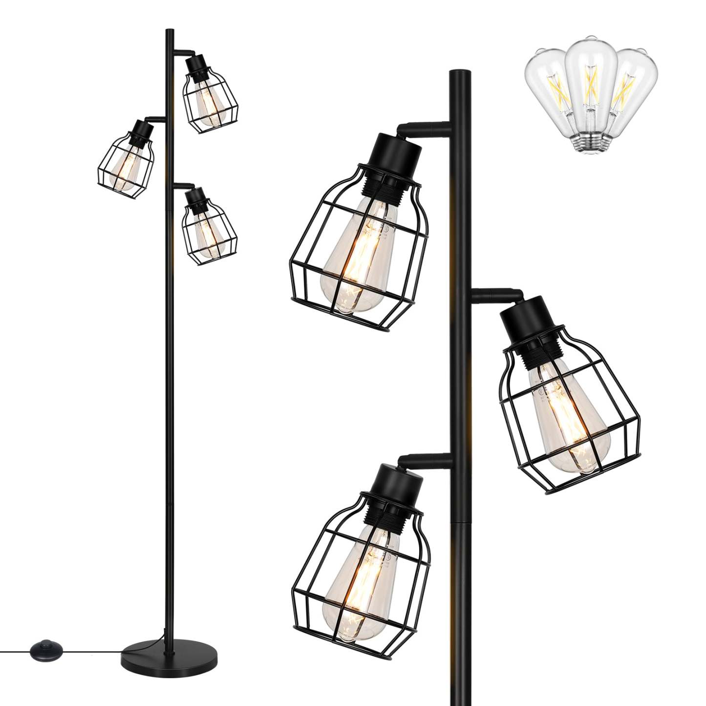 EDISHINE 3-Light Tree Floor Lamp with Adjustable Rotation Heads, E26 Base-HLFL03C