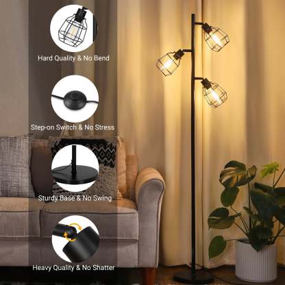 EDISHINE 3-Light Tree Floor Lamp with Adjustable Rotation Heads, E26 Base-HLFL03C