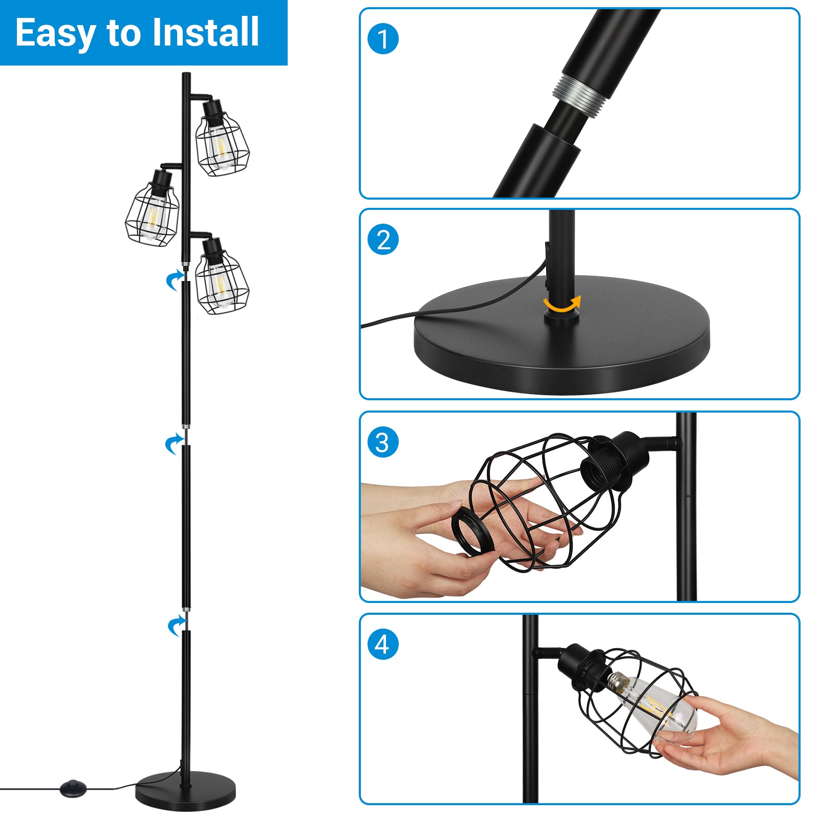 EDISHINE 3-Light Tree Floor Lamp with Adjustable Rotation Heads, E26 Base-HLFL03C