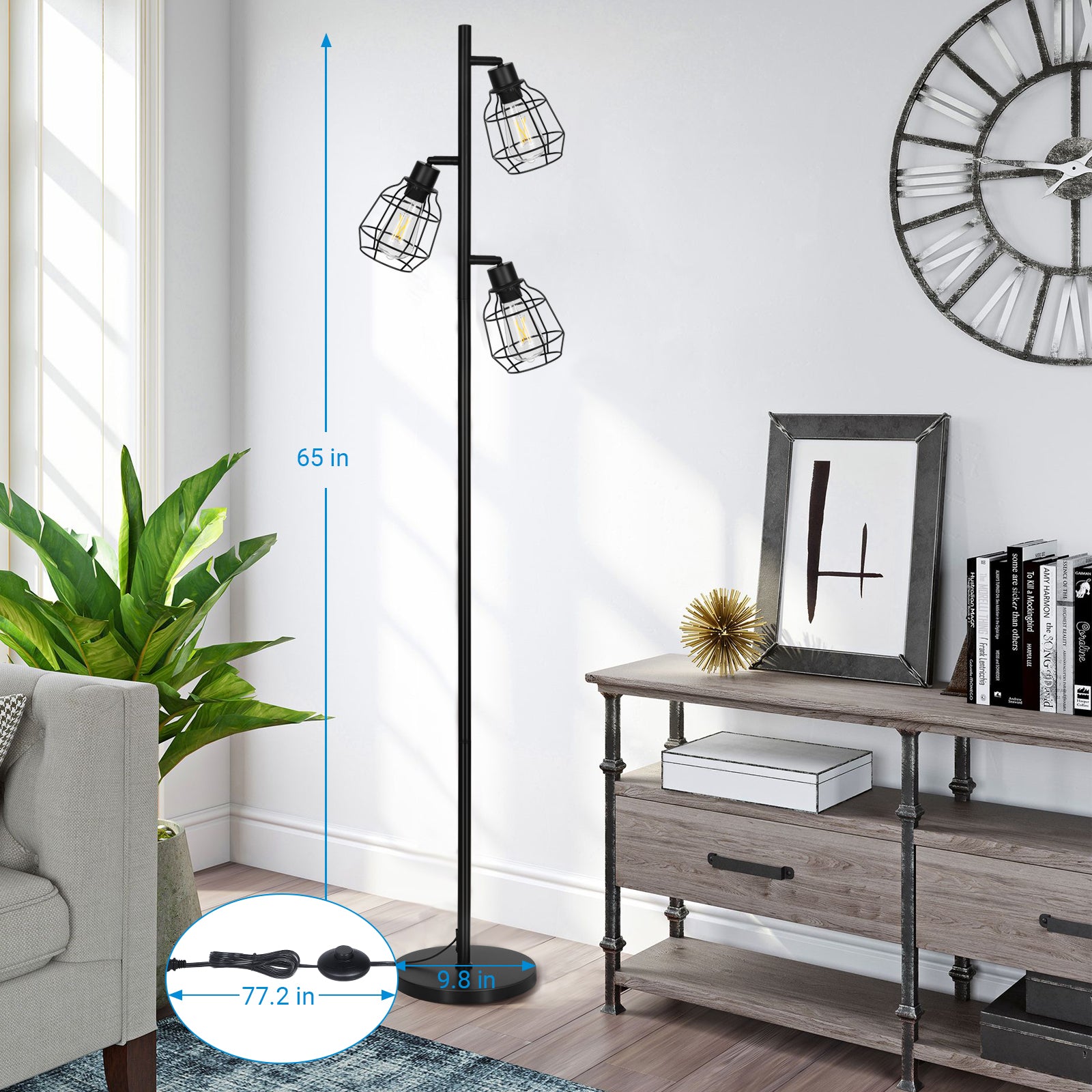 EDISHINE 3-Light Tree Floor Lamp with Adjustable Rotation Heads, E26 Base-HLFL03C