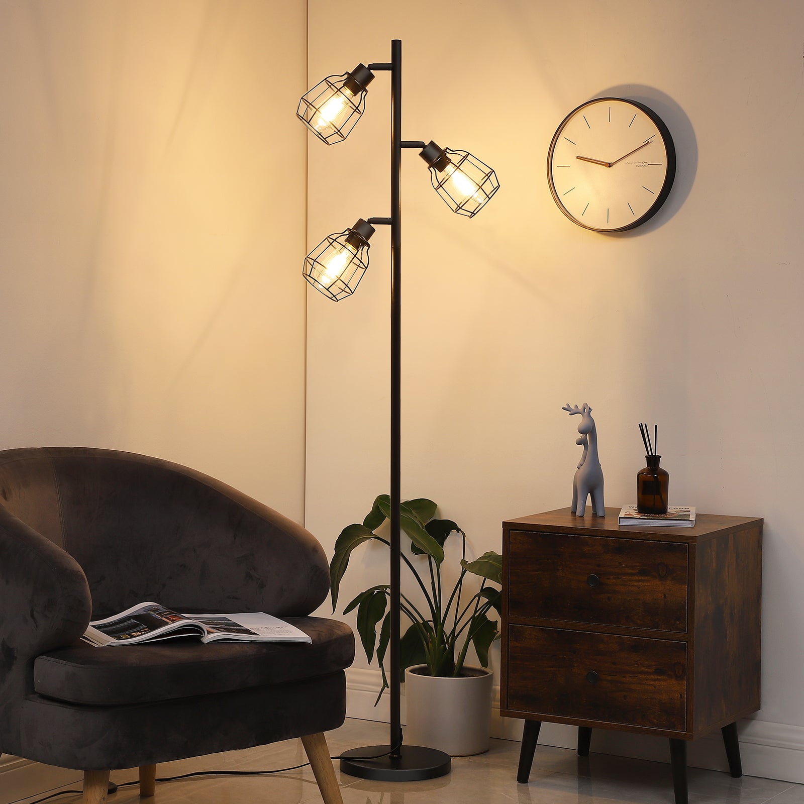 EDISHINE 3-Light Tree Floor Lamp with Adjustable Rotation Heads, E26 Base-HLFL03C