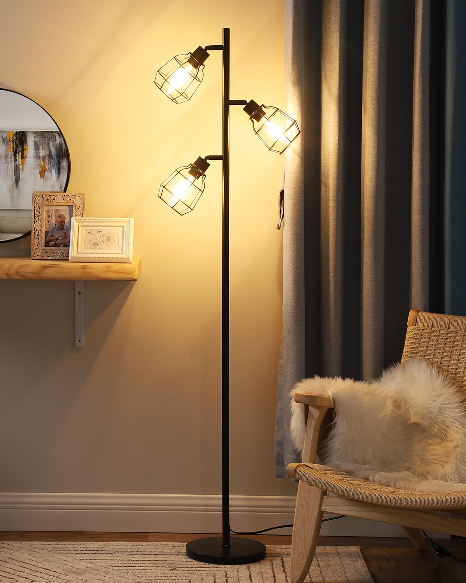 EDISHINE 3-Light Tree Floor Lamp with Adjustable Rotation Heads, E26 Base-HLFL03C