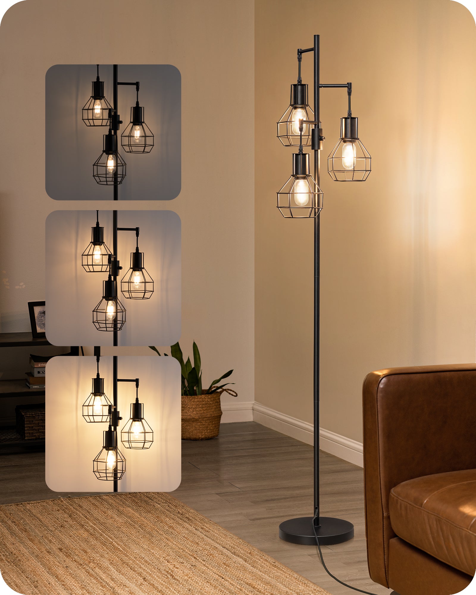 EDISHINE Dimmable Black Industrial Floor Lamp with 3 LED Bulbs-HLFL03G