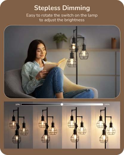 EDISHINE Dimmable Black Industrial Floor Lamp with 3 LED Bulbs-HLFL03G