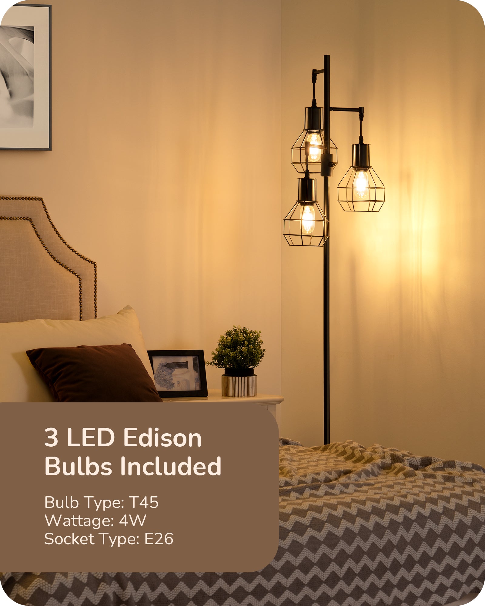 EDISHINE Dimmable Black Industrial Floor Lamp with 3 LED Bulbs-HLFL03G