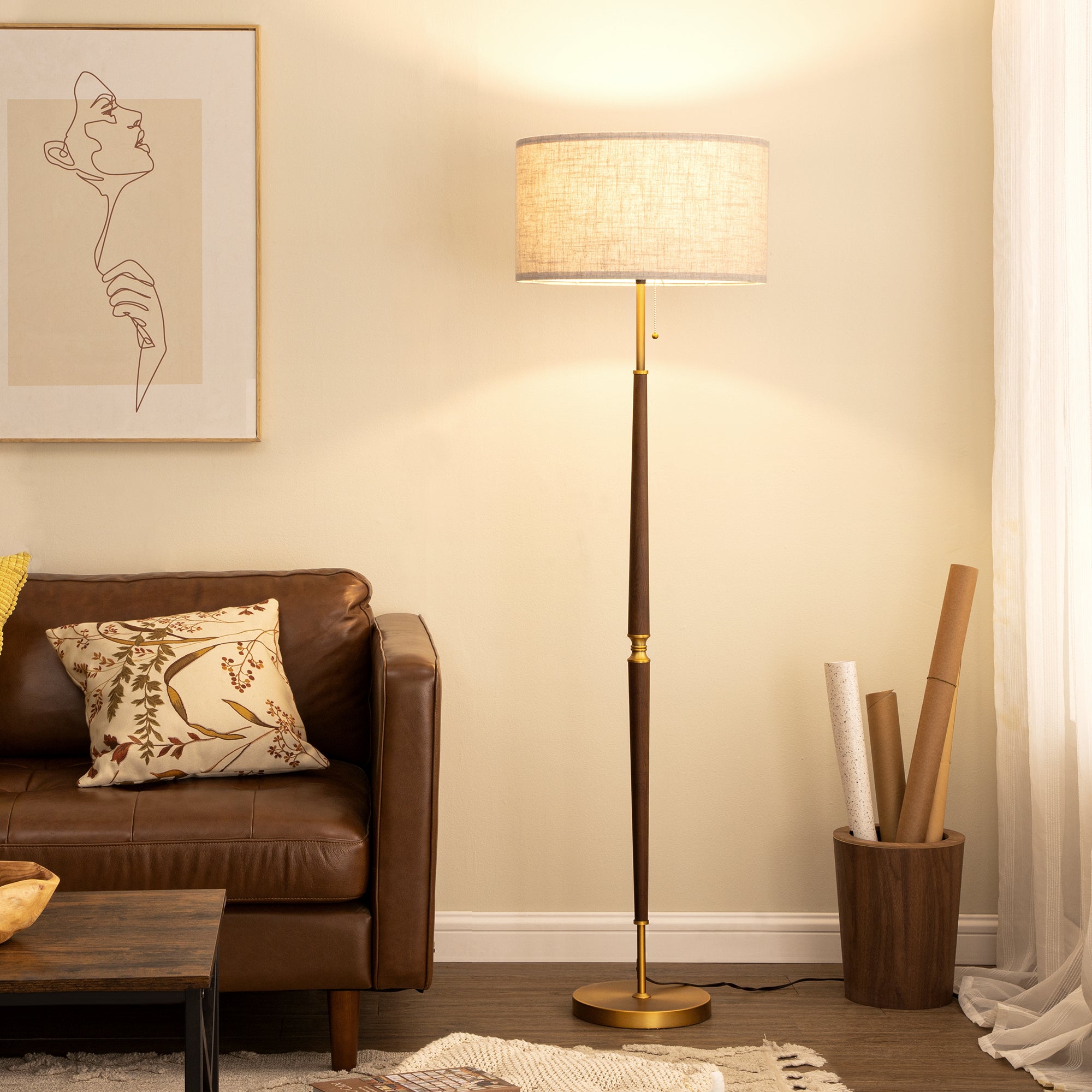 EDISHINE 62 inch Mid-Century Modern Floor Lamps for Living Room, Retro Floor Lamps, Contemporary Wooden Standing Lamp with Chain Switch,Gold-HLFL09B