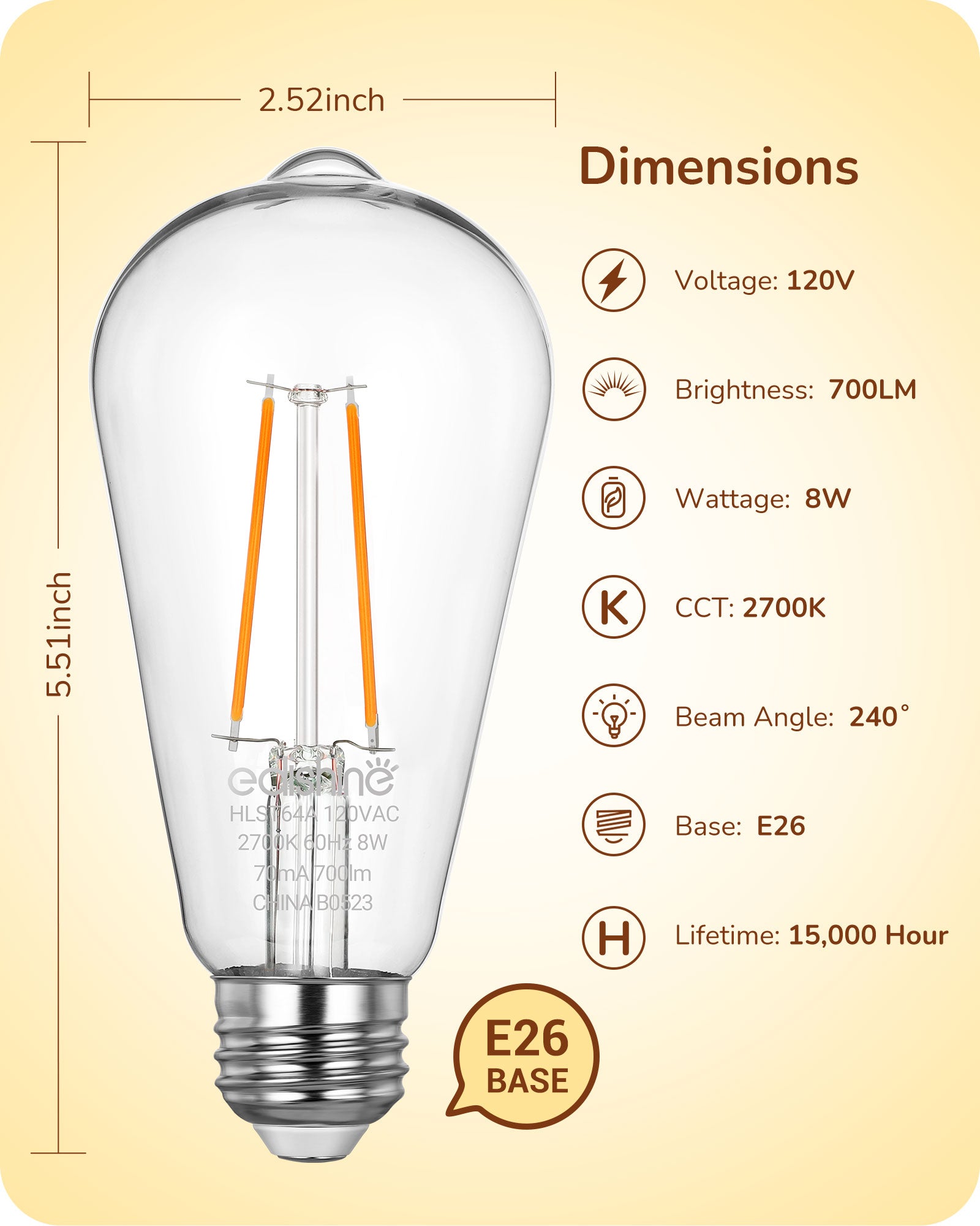FBA库存不可借下架EDISHINE 8W Non-dimmable Dusk to Dawn Edison Light Bulb with 240° Beam Angle & E26 Base (6 Pack)-HLST64A