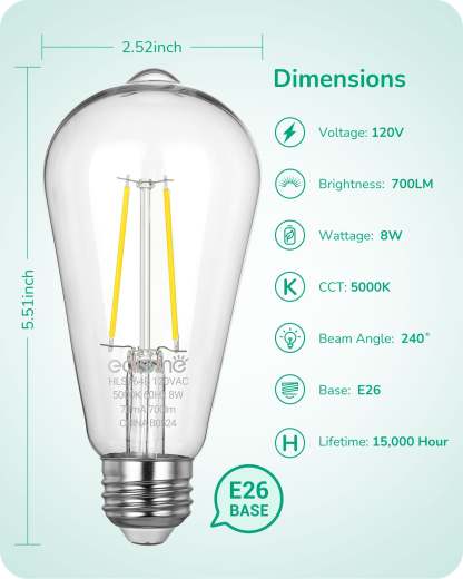 EDISHINE Non-dimmable 8W Dusk to Dawn Edison Light Bulb with 240° Beam Angle & E26 Base (6 Pack)-HLST64B