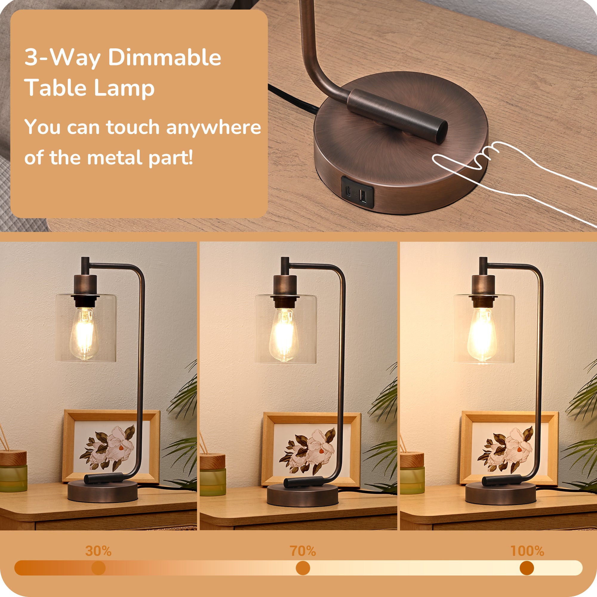 EDISHINE Dimmable Table Lamp with USB,Touch Control-HLTL02T