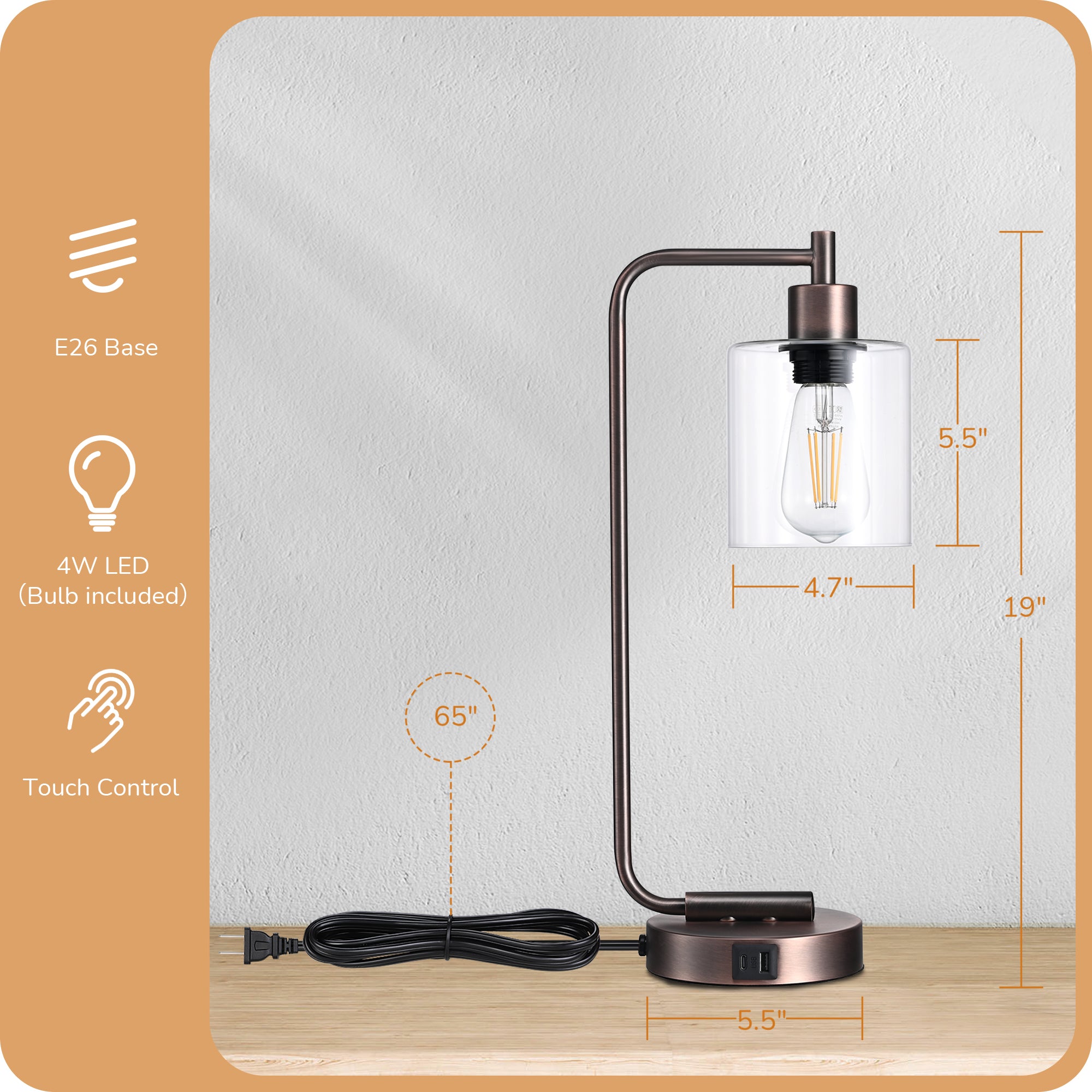 EDISHINE Dimmable Table Lamp with USB,Touch Control-HLTL02T