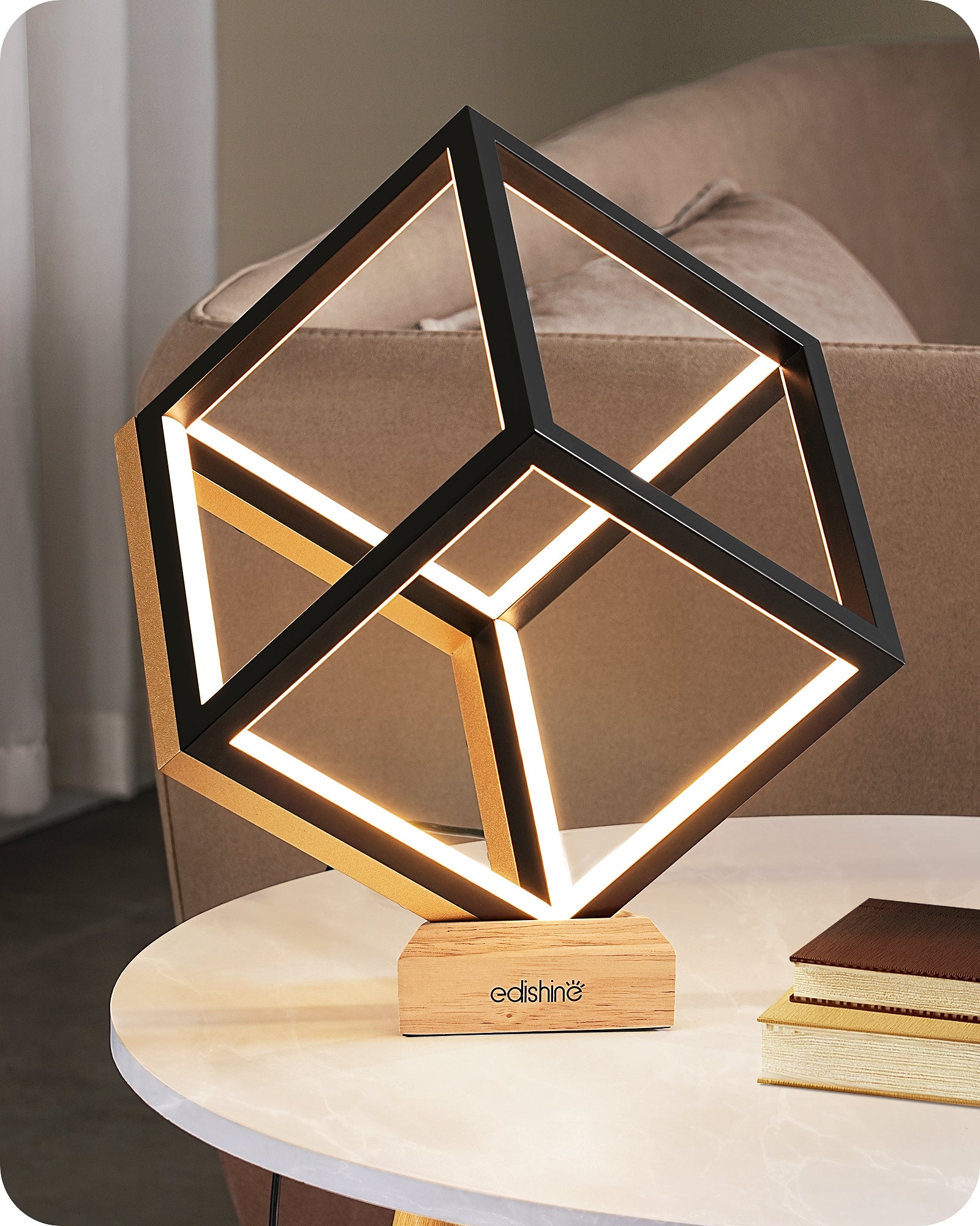 EDISHINE Black Gold Square Geometric LED Table Lamp-HLTL02Y