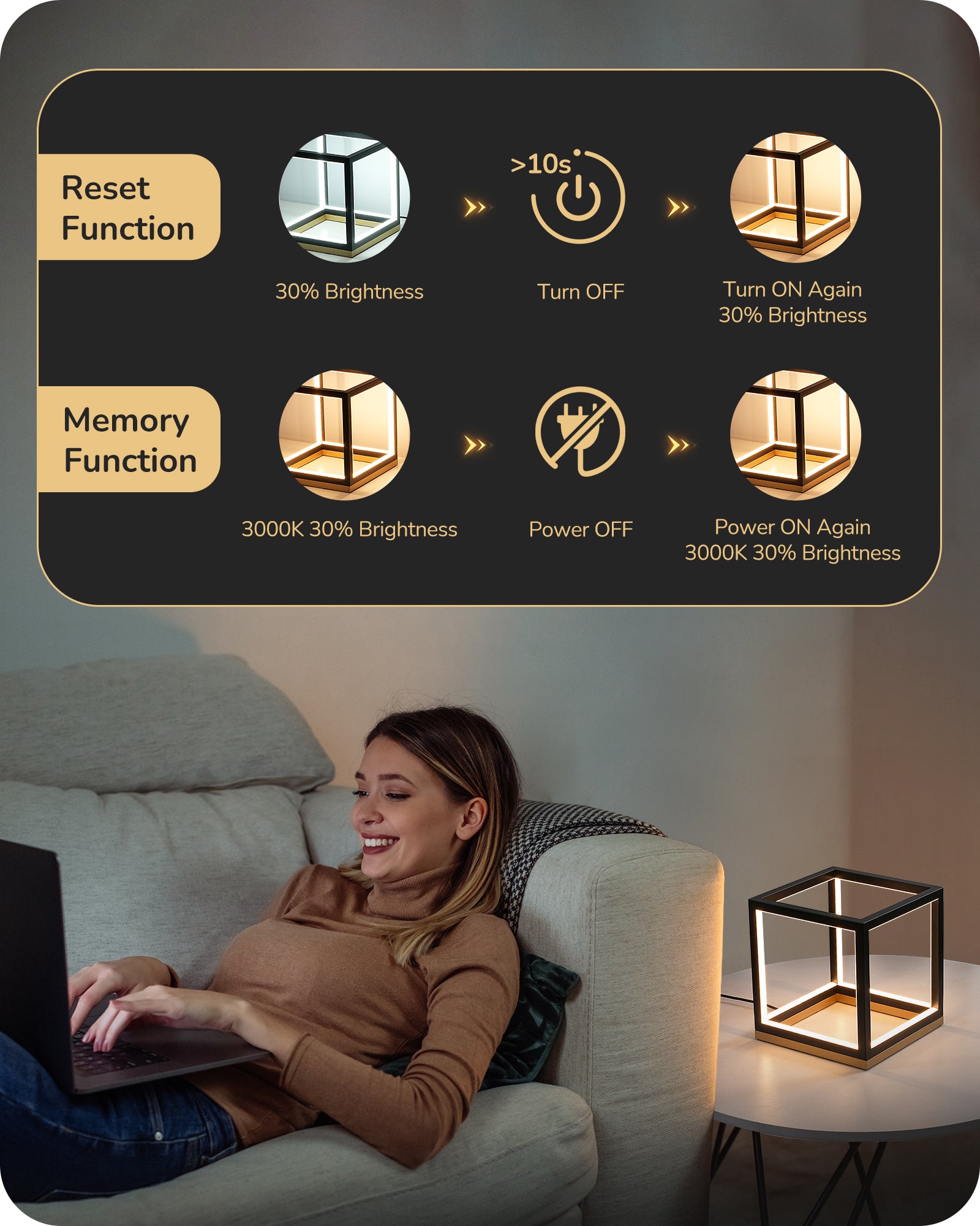 EDISHINE Black Gold Square Geometric LED Table Lamp-HLTL02Y