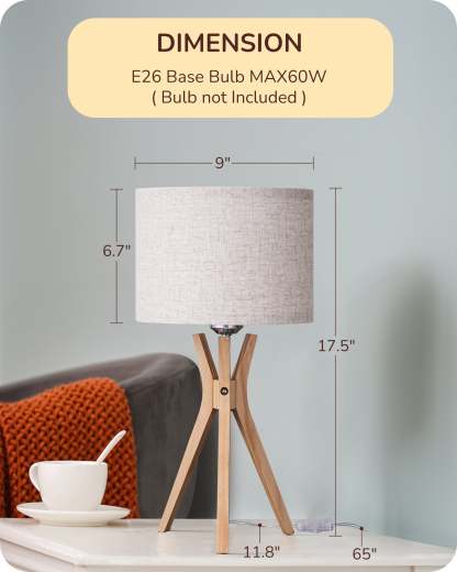 EDISHINE 17.5" Beige Linen Modern Tripod Table Lamp, E26 Base-HLTL05U
