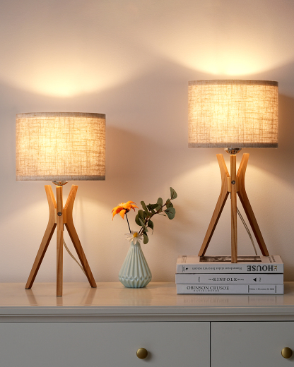 EDISHINE 2 Pack 17.5" Beige Linen Modern Tripod Table Lamp, E26 Base-ZHLTL05U2