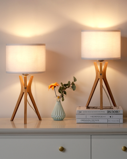 EDISHINE 2 Pack 17.5" White Linen Modern Tripod Table Lamp-ZHLTL05V2