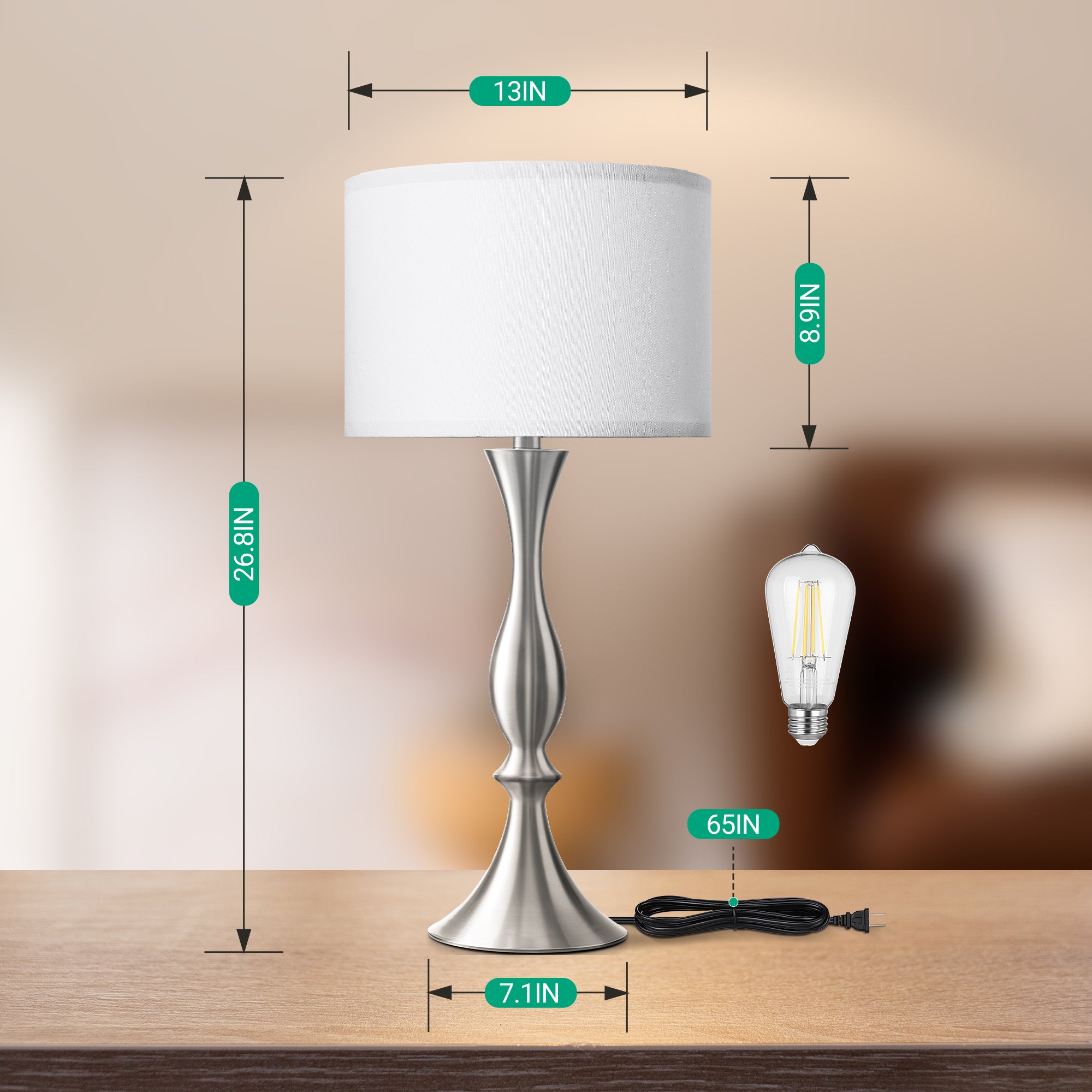 EDISHINE 26.8" Brushed Nickel Table Lamp Set,Set of 2-HLTL06G