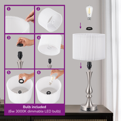 EDISHINE 20.7" Silver Touch Control Table Lamp with USB and Bulb Included-HLTL06K