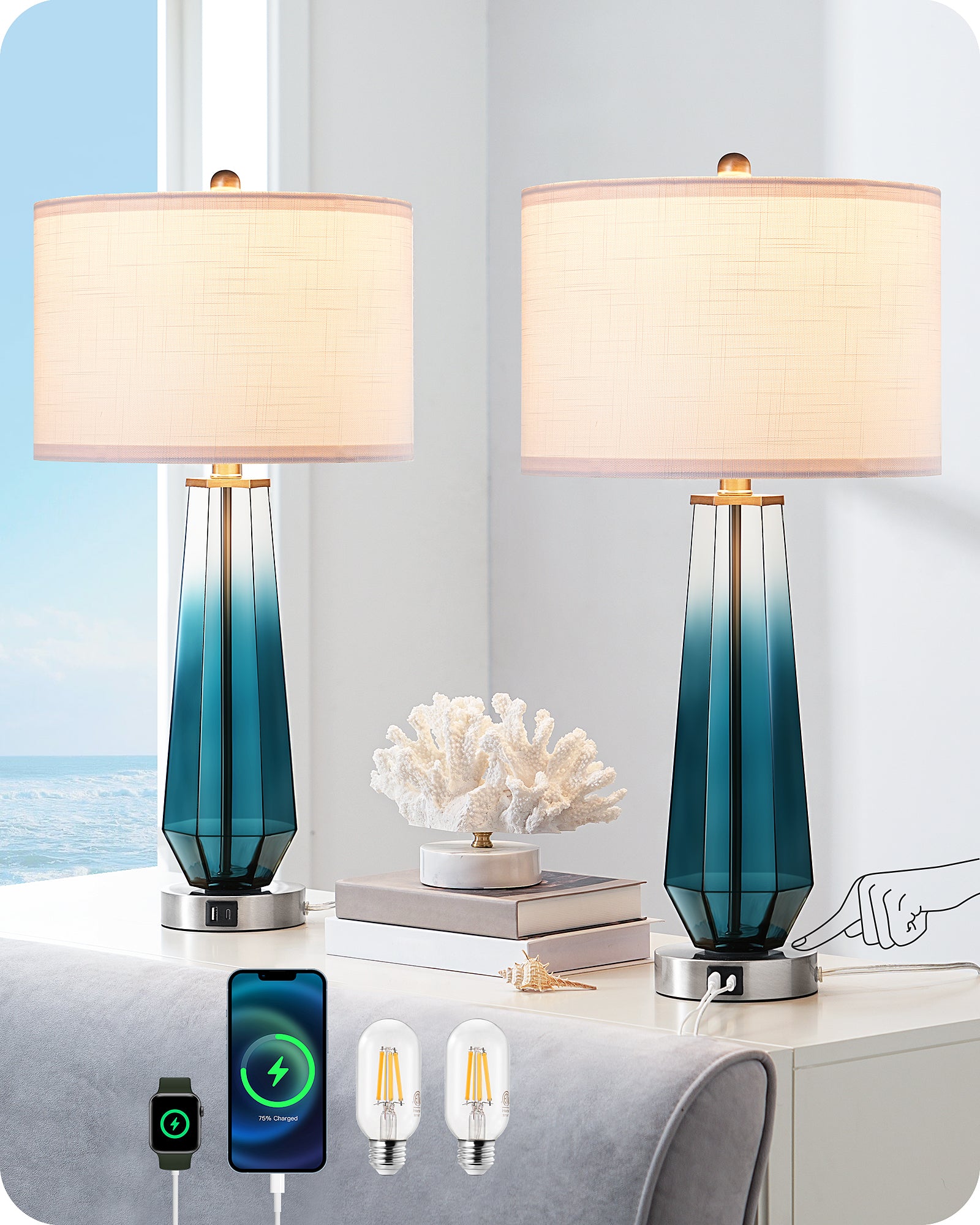 EDISHINE 25.2" Ocean Blue Glass Table Lamps, Set of 2-HLTL07B