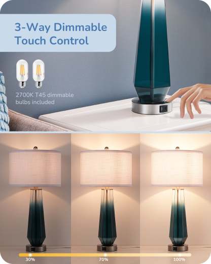 EDISHINE 25.2" Ocean Blue Glass Table Lamps, Set of 2-HLTL07B