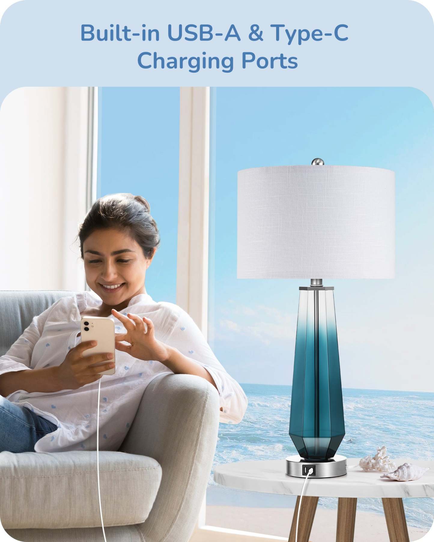 EDISHINE 25.2" Ocean Blue Glass Table Lamps, Set of 2-HLTL07B
