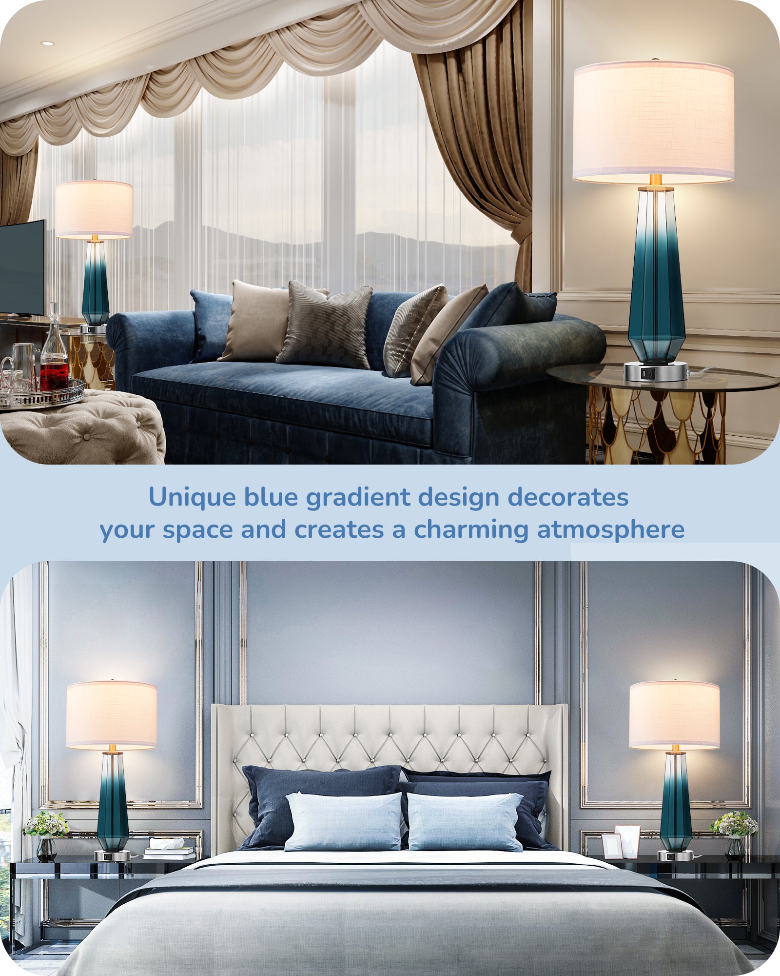 EDISHINE 25.2" Ocean Blue Glass Table Lamps, Set of 2-HLTL07B