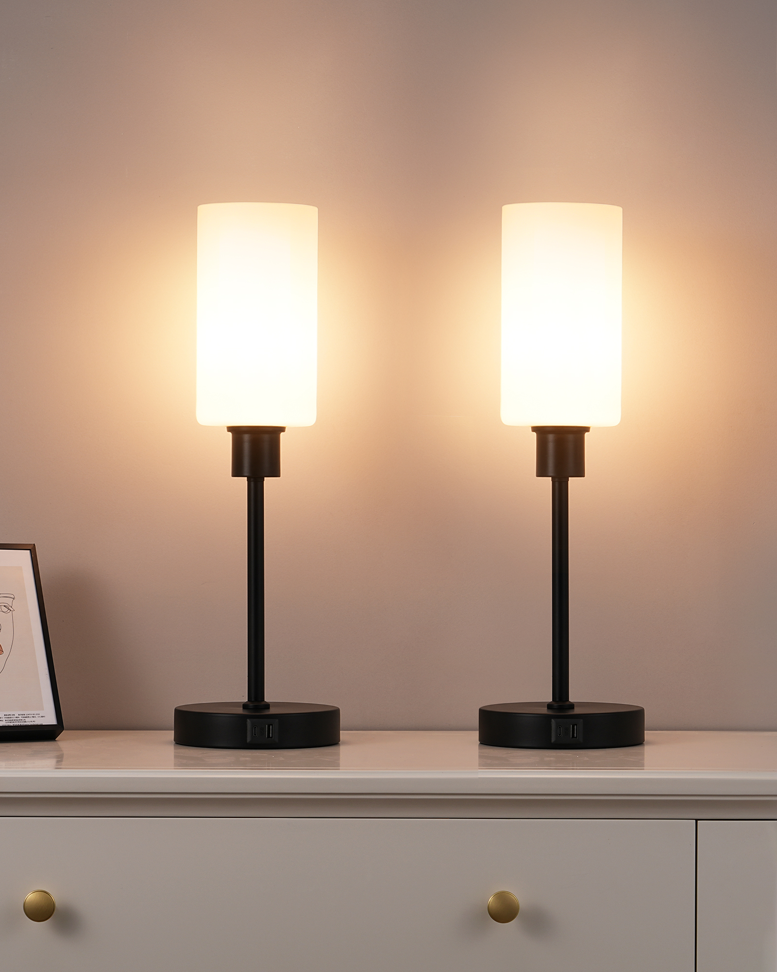 EDISHINE 2 Pack 19" Black Glass Table Lamp with Touch Control-ZHLTL08A2