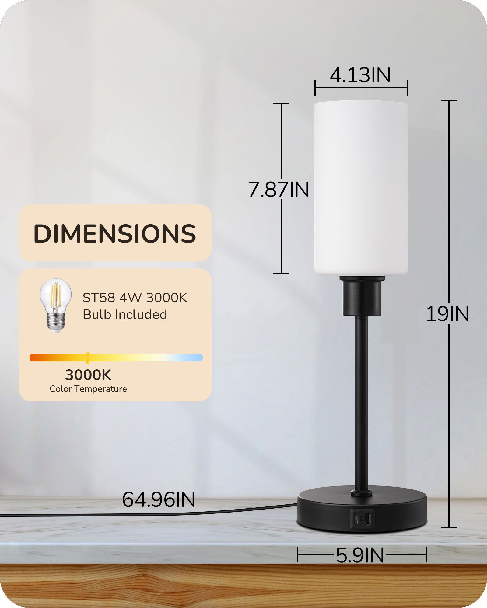 EDISHINE 19" Black Glass Table Lamp with Touch Control-HLTL08A