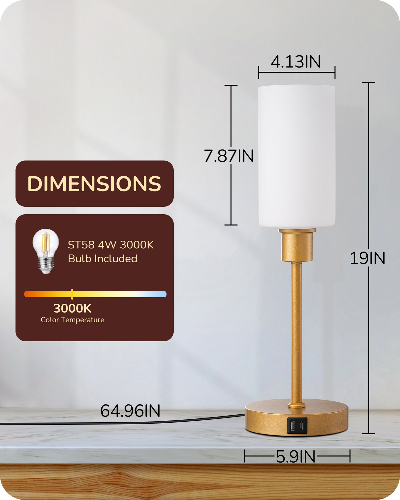 EDISHINE 19" Gold Glass Table Lamp with Touch Control-HLTL08B