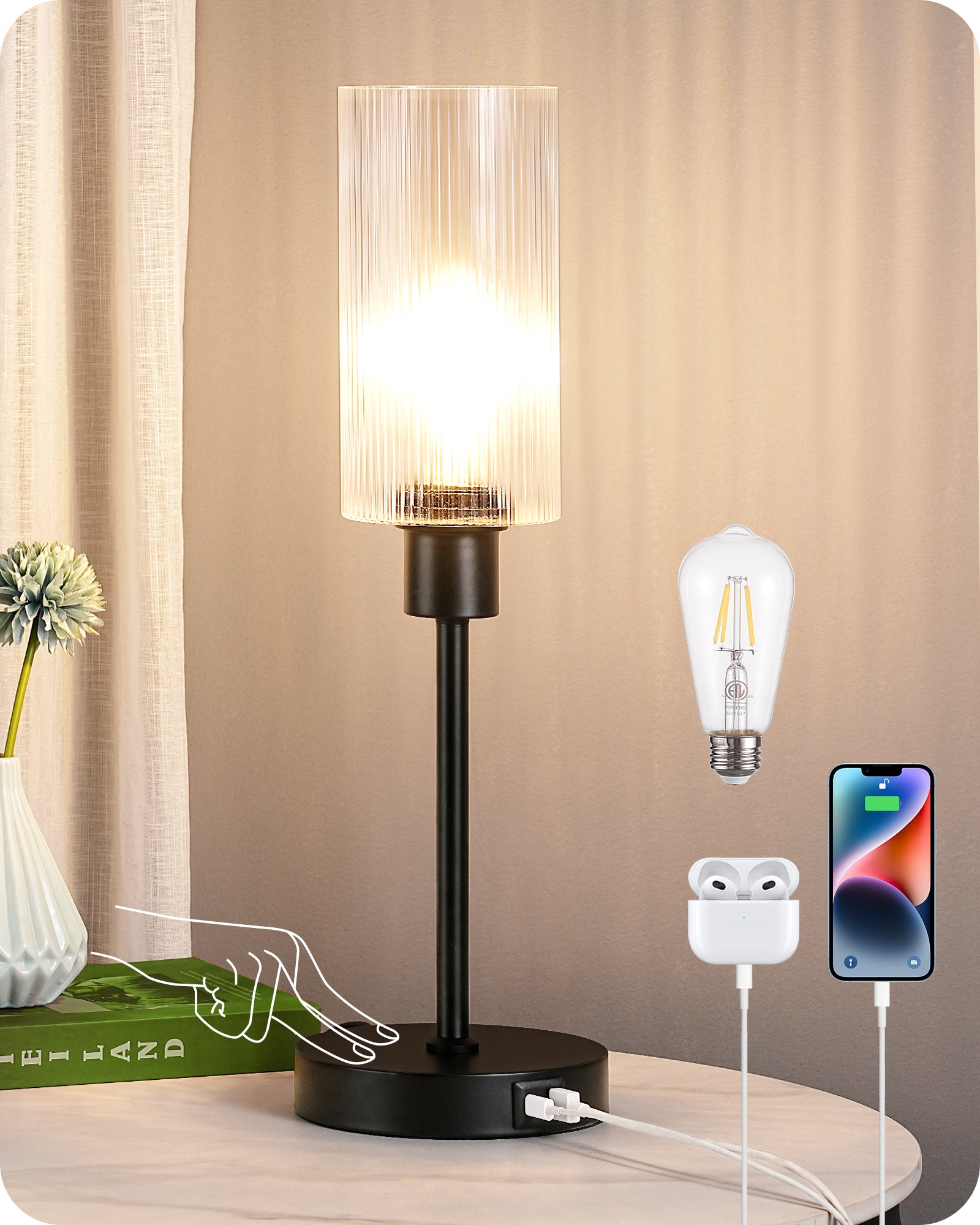 EDISHINE Table Lamp, Touch Control, USB C+A Charging Ports, 3 Way Dimmable, Black-HLTL08C-B2B