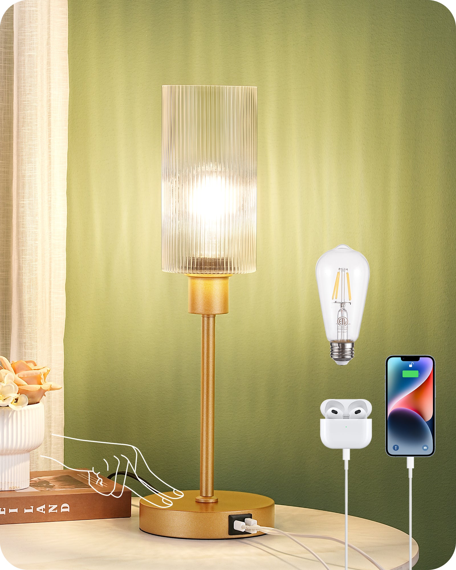 EDISHINE Bedside Lamp, Touch Control, USB C+A Charging Ports, 3 Way Dimmable, Gold-HLTL08D-B2B