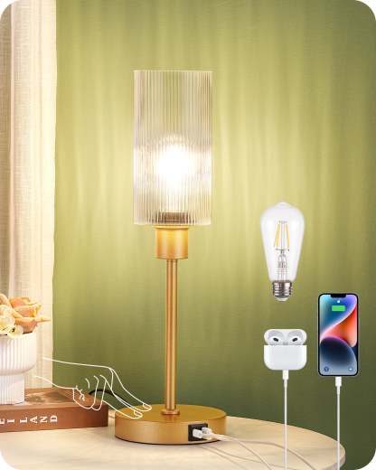 EDISHINE Bedside Lamp, Touch Control, USB C+A Charging Ports, 3 Way Dimmable, Gold-HLTL08D-B2B