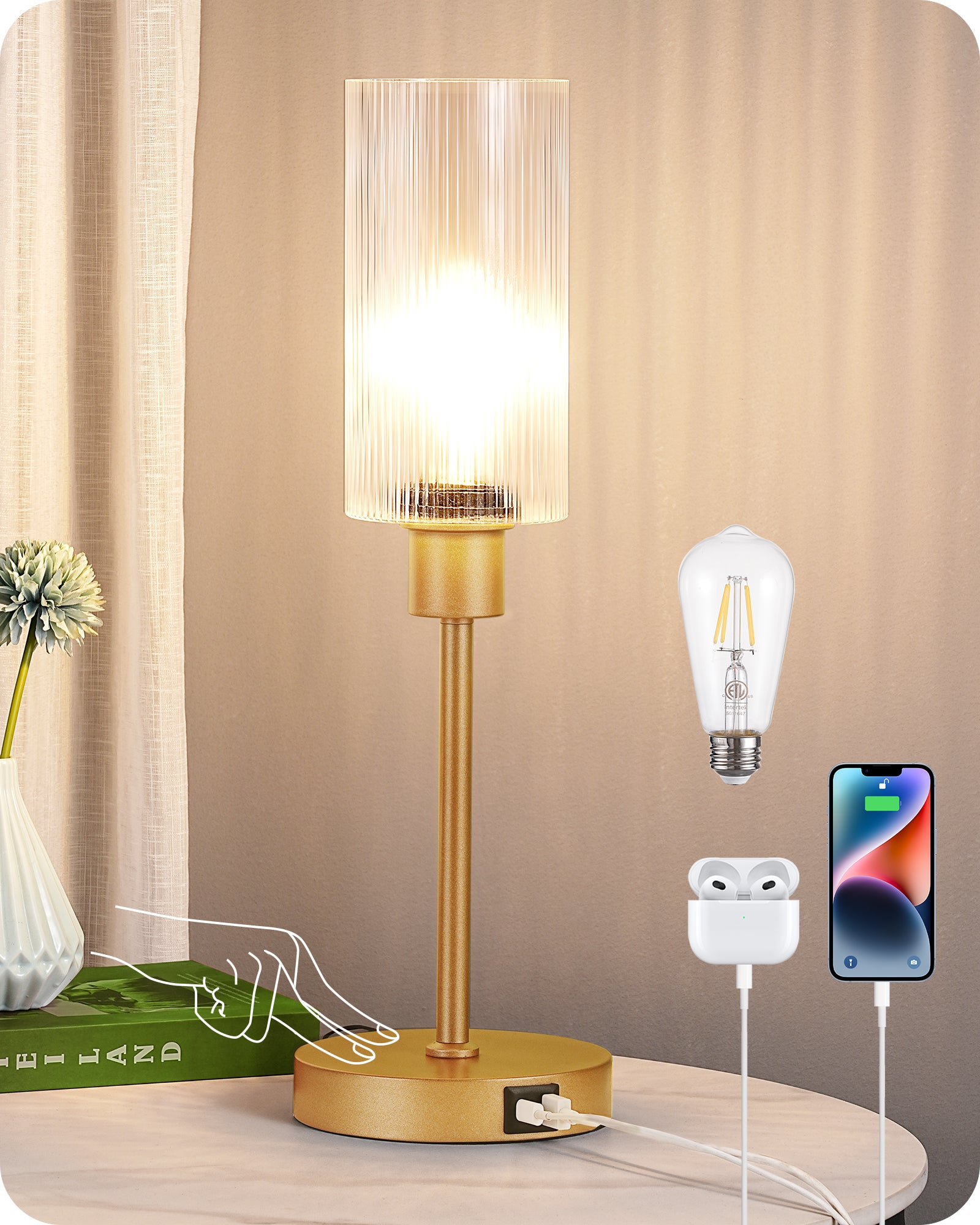 EDISHINE Bedside Lamp, Touch Control, USB C+A Charging Ports, 3 Way Dimmable, Gold-HLTL08D-B2B