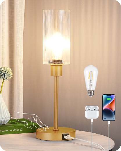 EDISHINE Bedside Lamp, Touch Control, USB C+A Charging Ports, 3 Way Dimmable, Gold-HLTL08D-B2B
