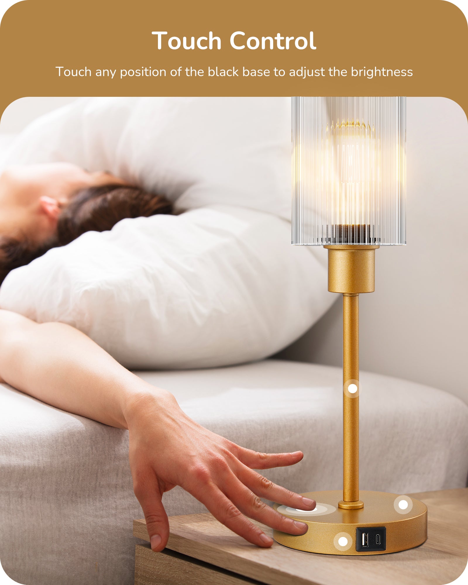EDISHINE Bedside Lamp, Touch Control, USB C+A Charging Ports, 3 Way Dimmable, Gold-HLTL08D-B2B