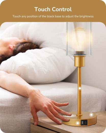 EDISHINE Bedside Lamp, Touch Control, USB C+A Charging Ports, 3 Way Dimmable, Gold-HLTL08D-B2B