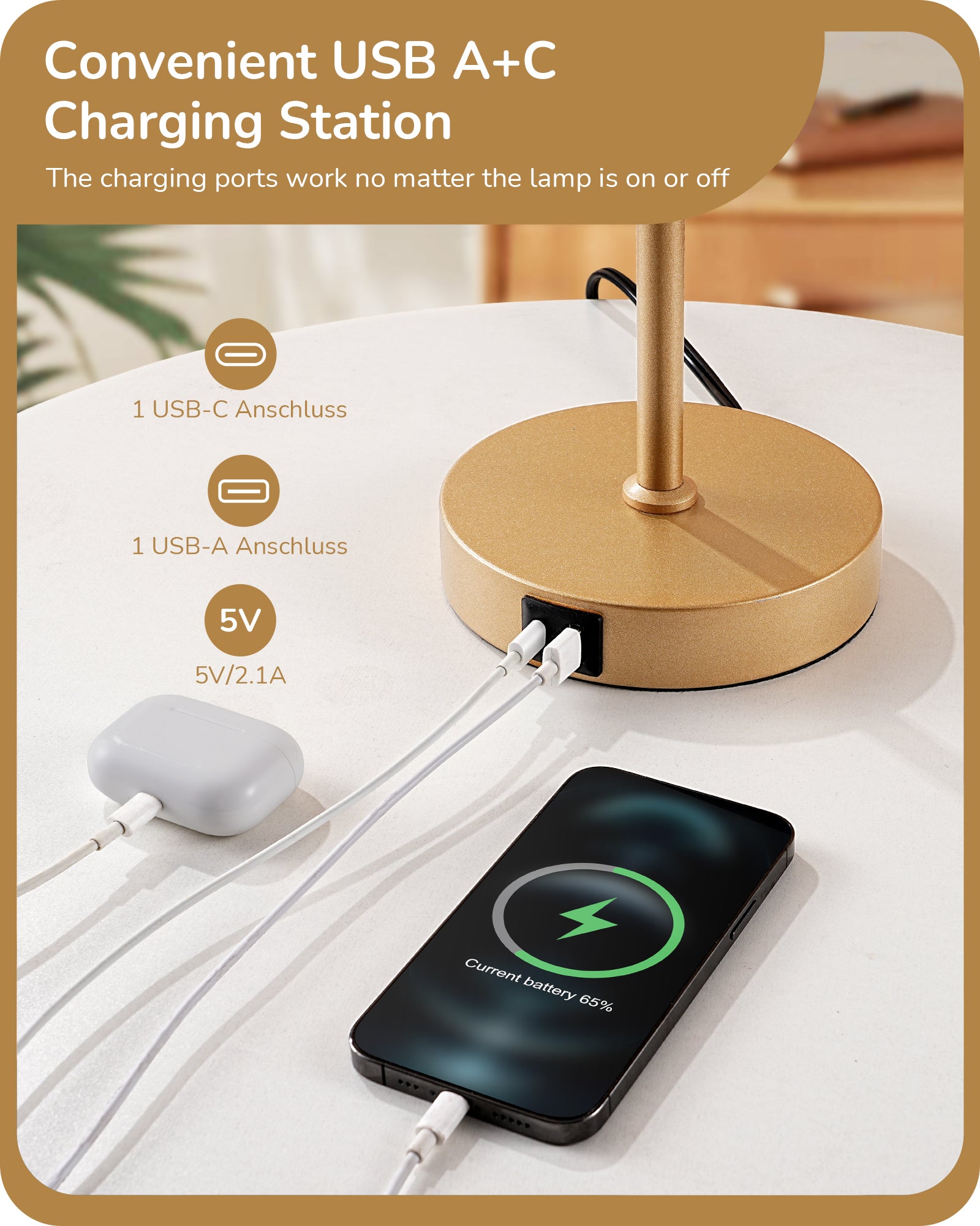 EDISHINE Bedside Lamp, Touch Control, USB C+A Charging Ports, 3 Way Dimmable, Gold-HLTL08D-B2B