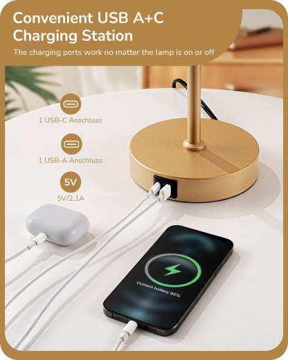 EDISHINE Bedside Lamp, Touch Control, USB C+A Charging Ports, 3 Way Dimmable, Gold-HLTL08D-B2B