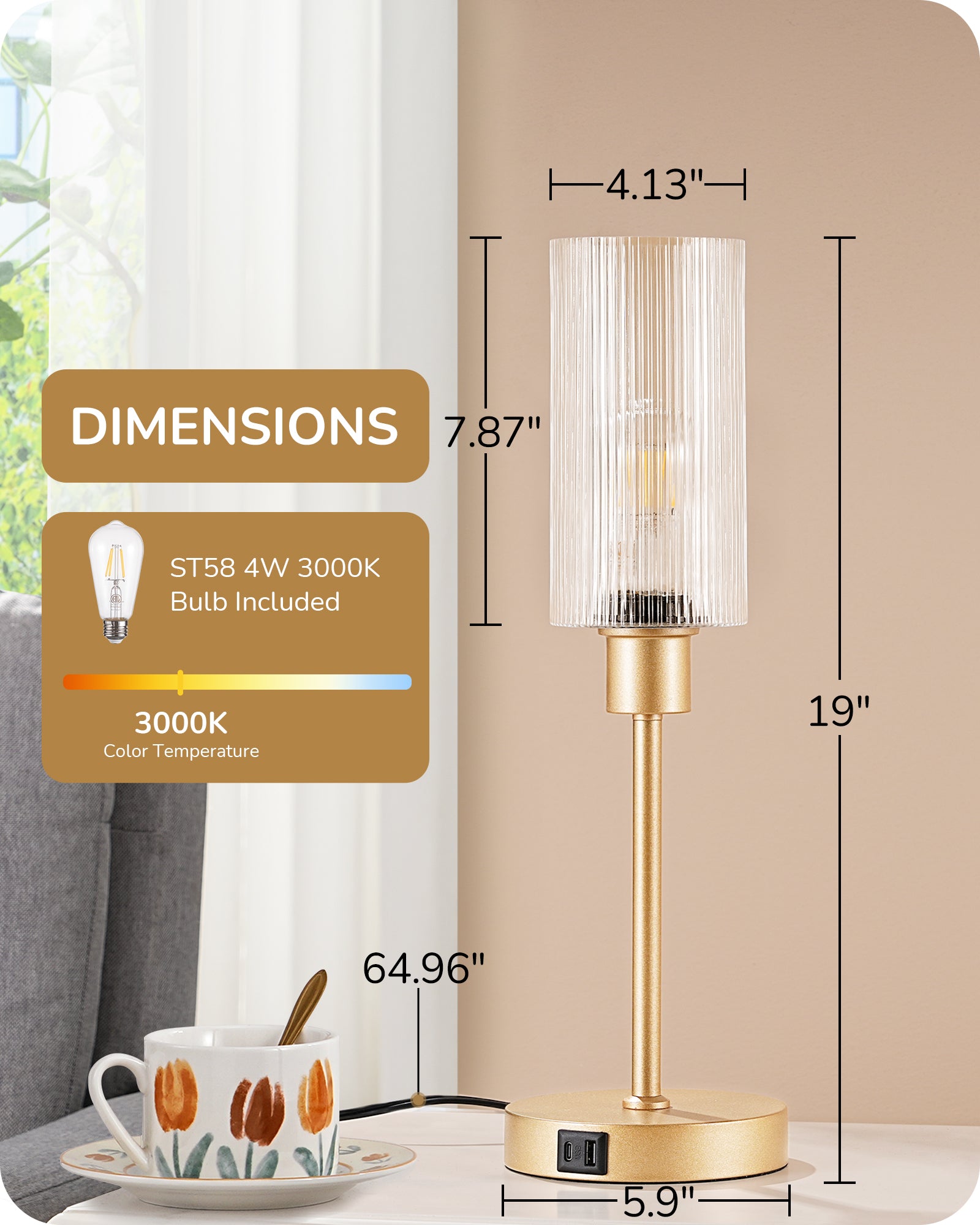 EDISHINE Bedside Lamp, Touch Control, USB C+A Charging Ports, 3 Way Dimmable, Gold-HLTL08D-B2B