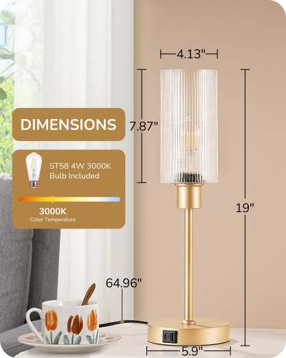 EDISHINE Bedside Lamp, Touch Control, USB C+A Charging Ports, 3 Way Dimmable, Gold-HLTL08D-B2B
