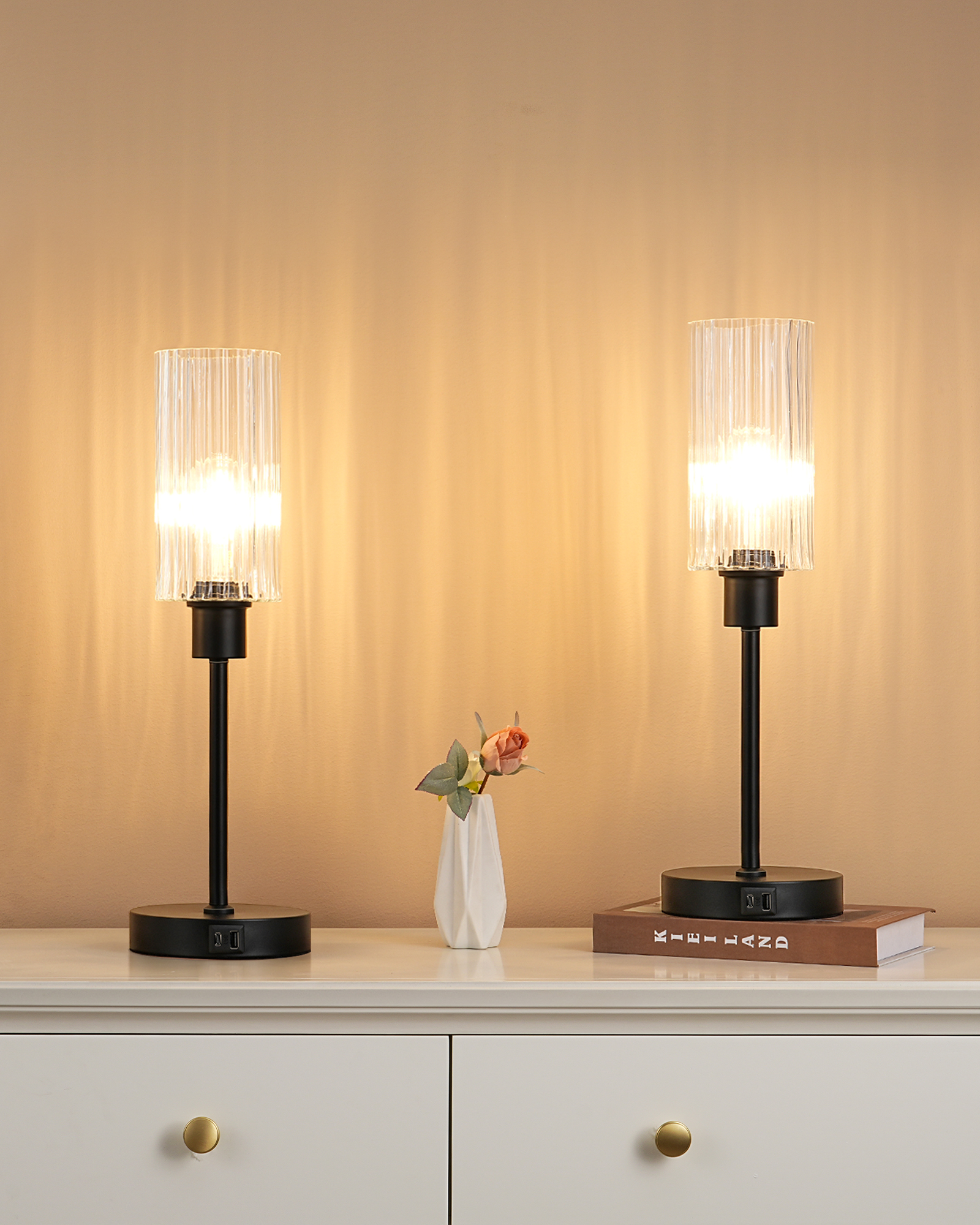 EDISHINE 2 Pack Dimmable Glass Table Lamp,Touch Control,USB Ports,Black-ZHLTL08E2