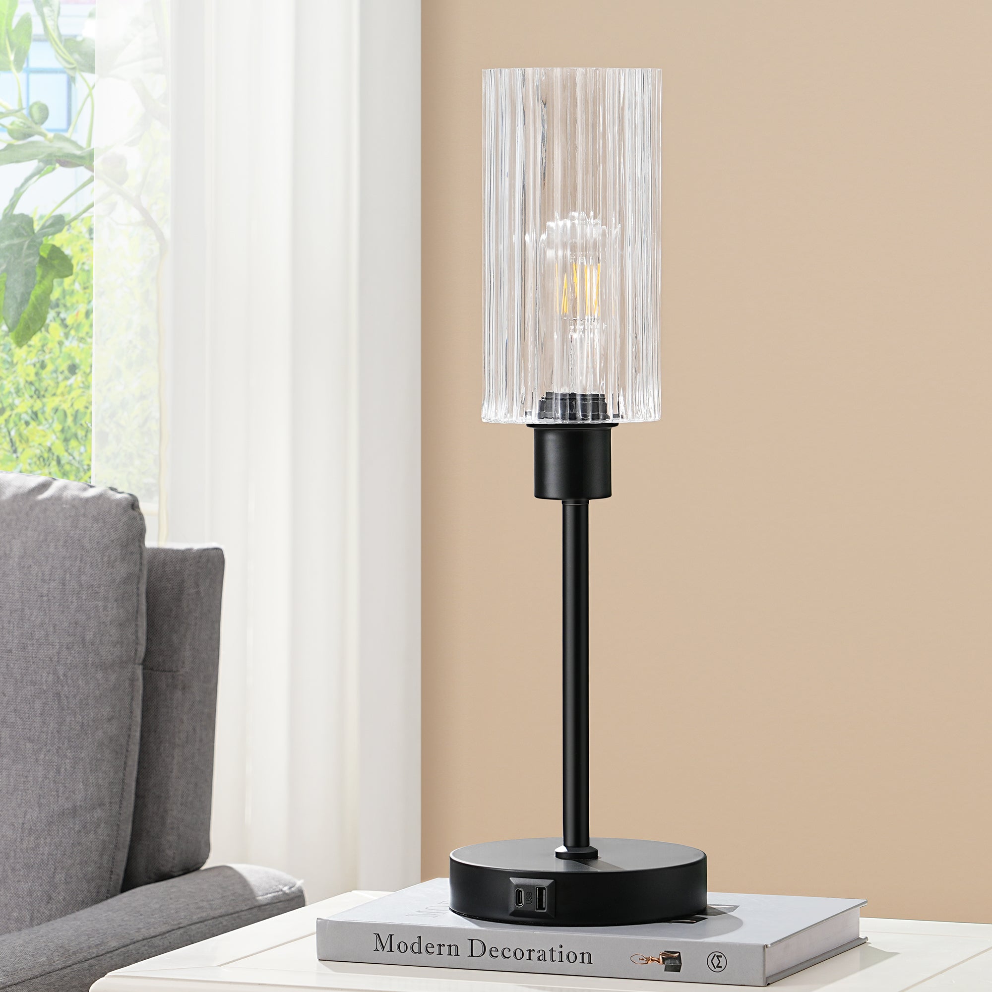 EDISHINE Dimmable Glass Table Lamp,Touch Control,USB Ports,Black-HLTL08E