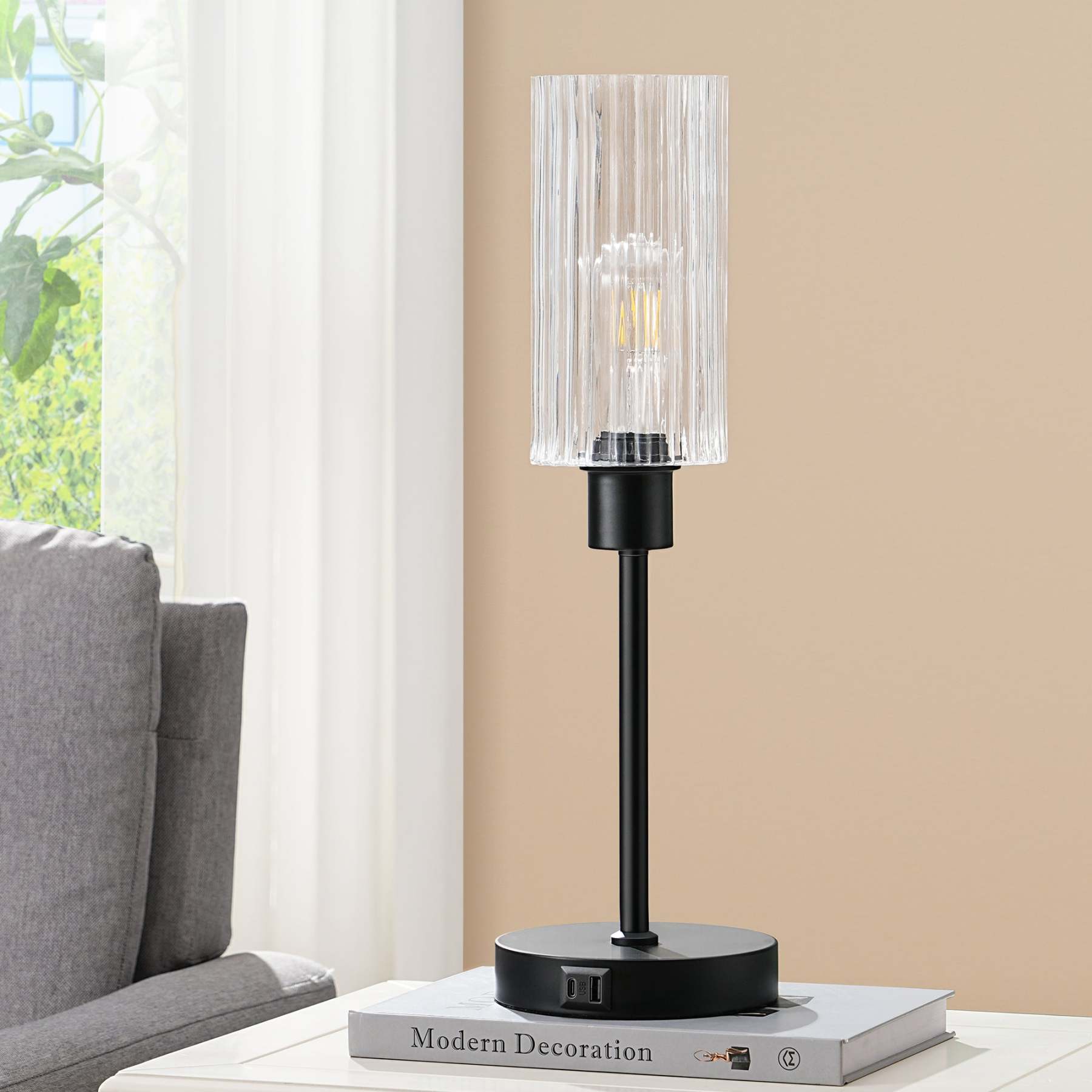 EDISHINE Dimmable Glass Table Lamp,Touch Control,USB Ports,Black-HLTL08E