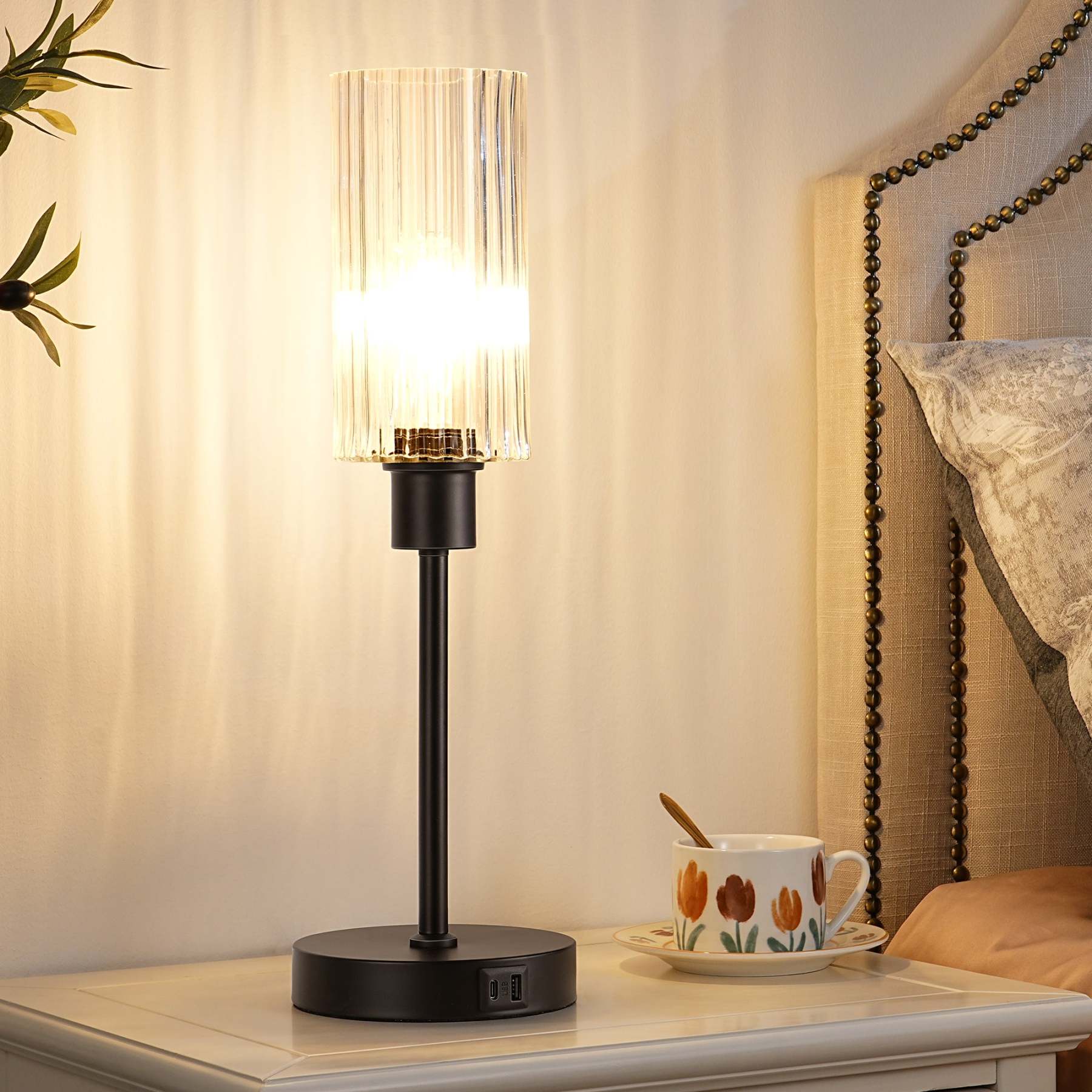 EDISHINE Dimmable Glass Table Lamp,Touch Control,USB Ports,Black-HLTL08E