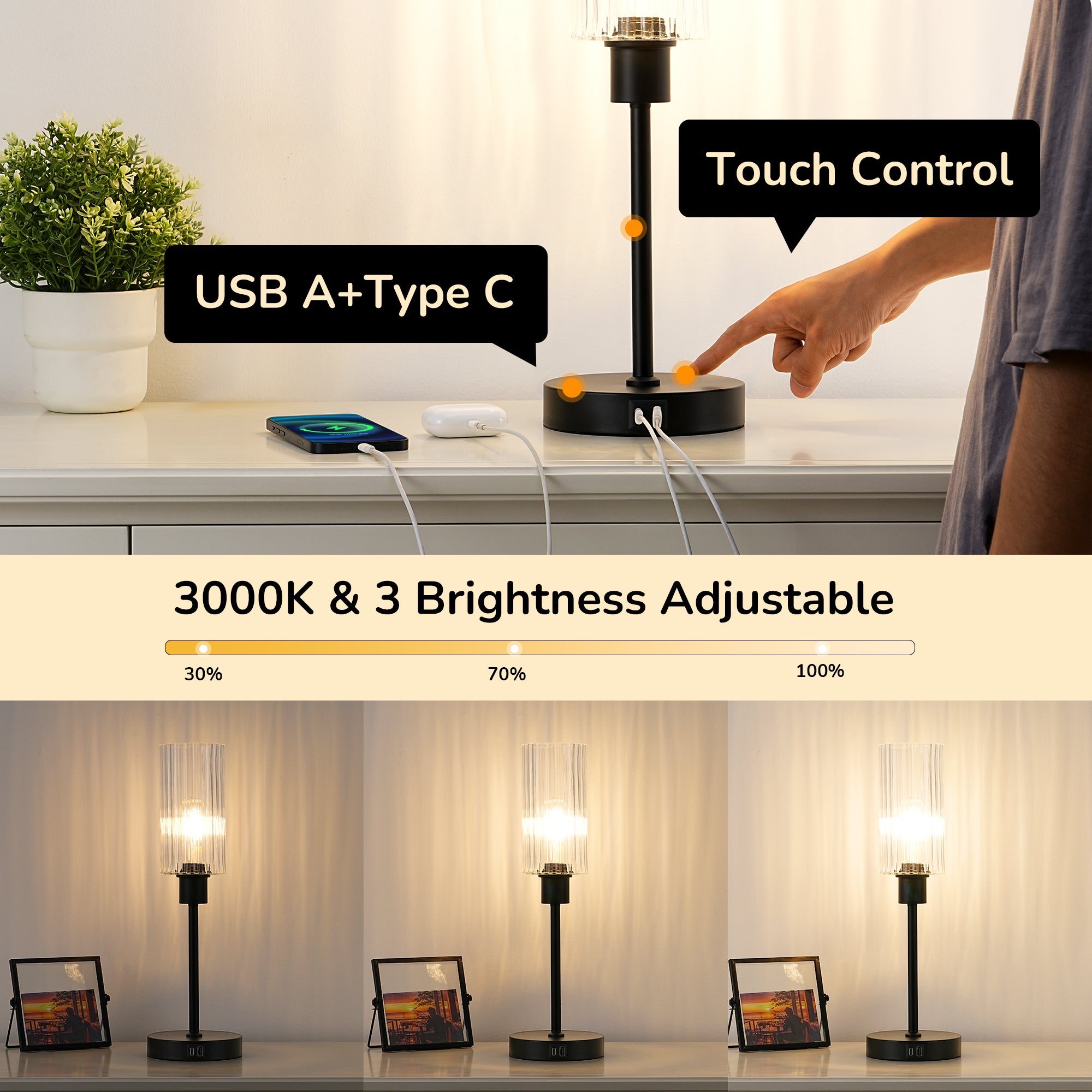 EDISHINE Dimmable Glass Table Lamp,Touch Control,USB Ports,Black-HLTL08E