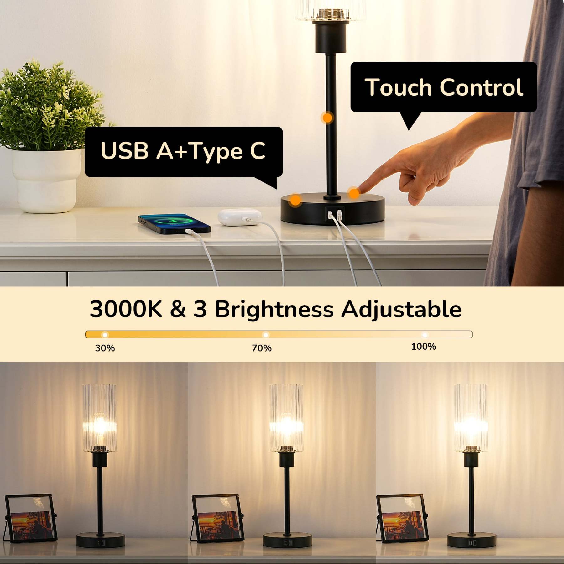 EDISHINE Dimmable Glass Table Lamp,Touch Control,USB Ports,Black-HLTL08E