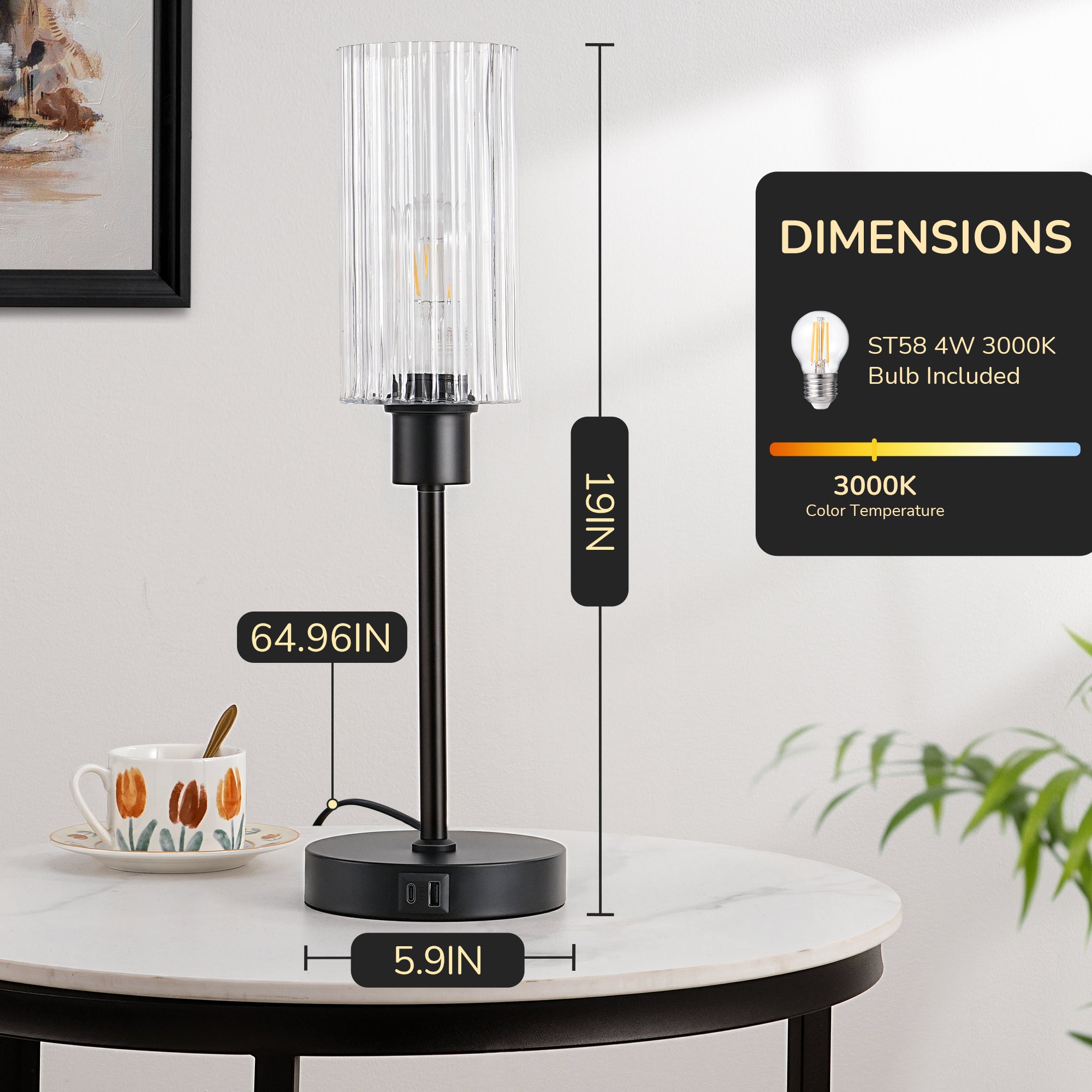 EDISHINE Dimmable Glass Table Lamp,Touch Control,USB Ports,Black-HLTL08E